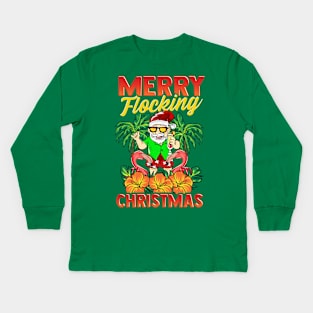 Merry Flocking Christmas Santa Flamingos Xmas Kids Long Sleeve T-Shirt